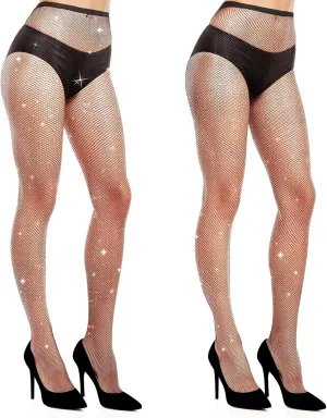 2 Pairs Fishnet Stockings for Women, Rhinestone Stretchy Fishnet Tights High Waist Fish Nets Black Leggings Sparkly Clothes for Parties, Proms, Halloween