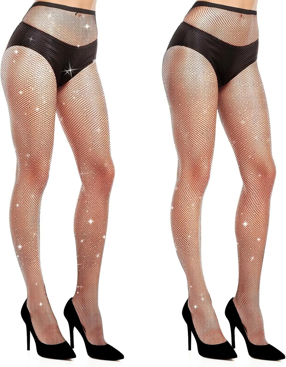 2 Pairs Fishnet Stockings for Women, Rhinestone Stretchy Fishnet Tights High Waist Fish Nets Black Leggings Sparkly Clothes for Parties, Proms, Halloween