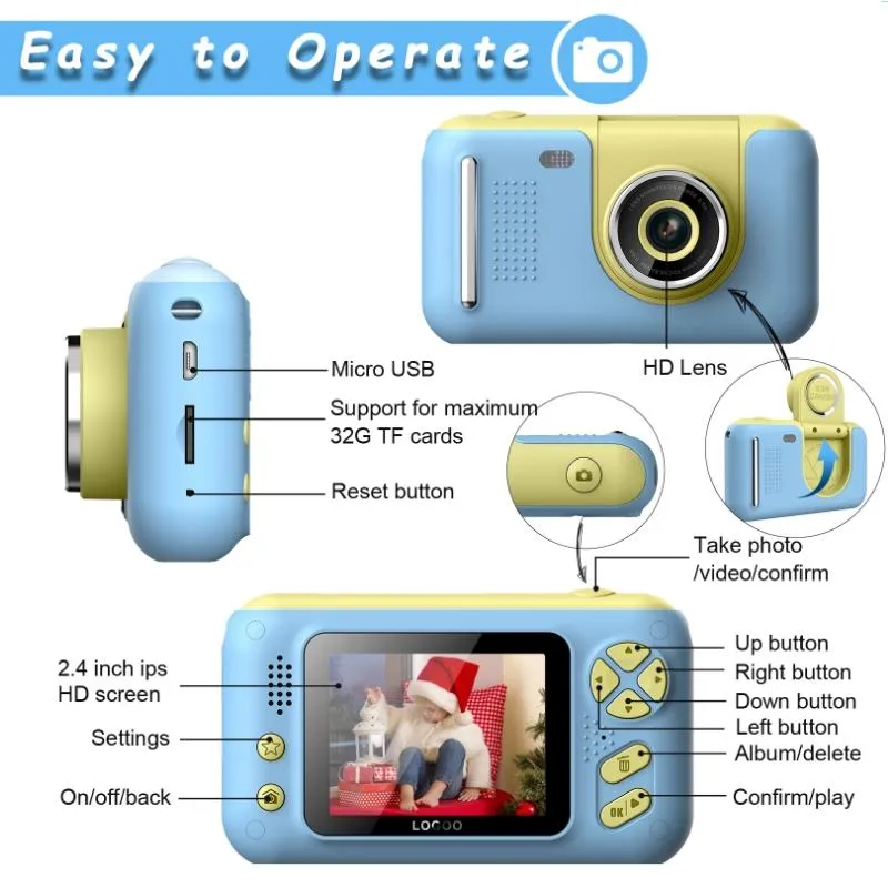 2.4" HD Reversible Kids Camera   16GB Memory Card & Reader | Yellow & Blue