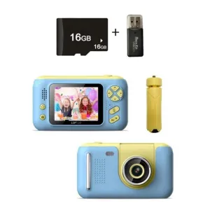 2.4" HD Reversible Kids Camera   16GB Memory Card & Reader | Yellow & Blue