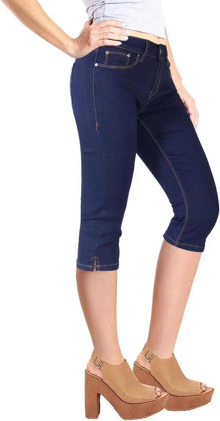2LUV Women's Stretchy 5 Pocket Skinny Mid Rise Capri Ripped Denim Jeans