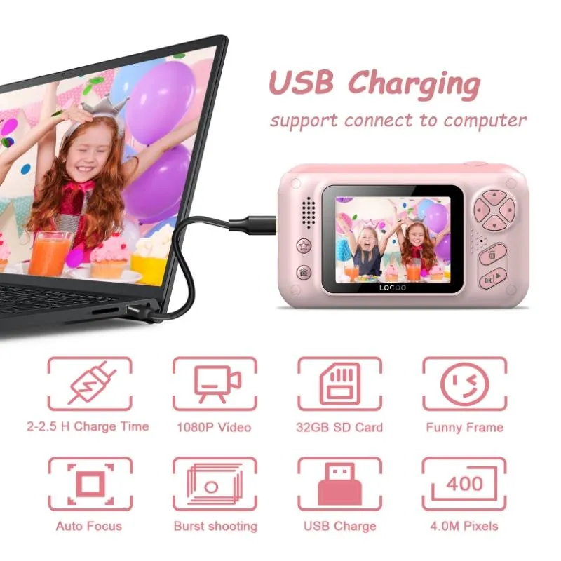 32GB Memory Card & Card Reader | Included with 2.4 HD Reversible Kids Camera | Pink