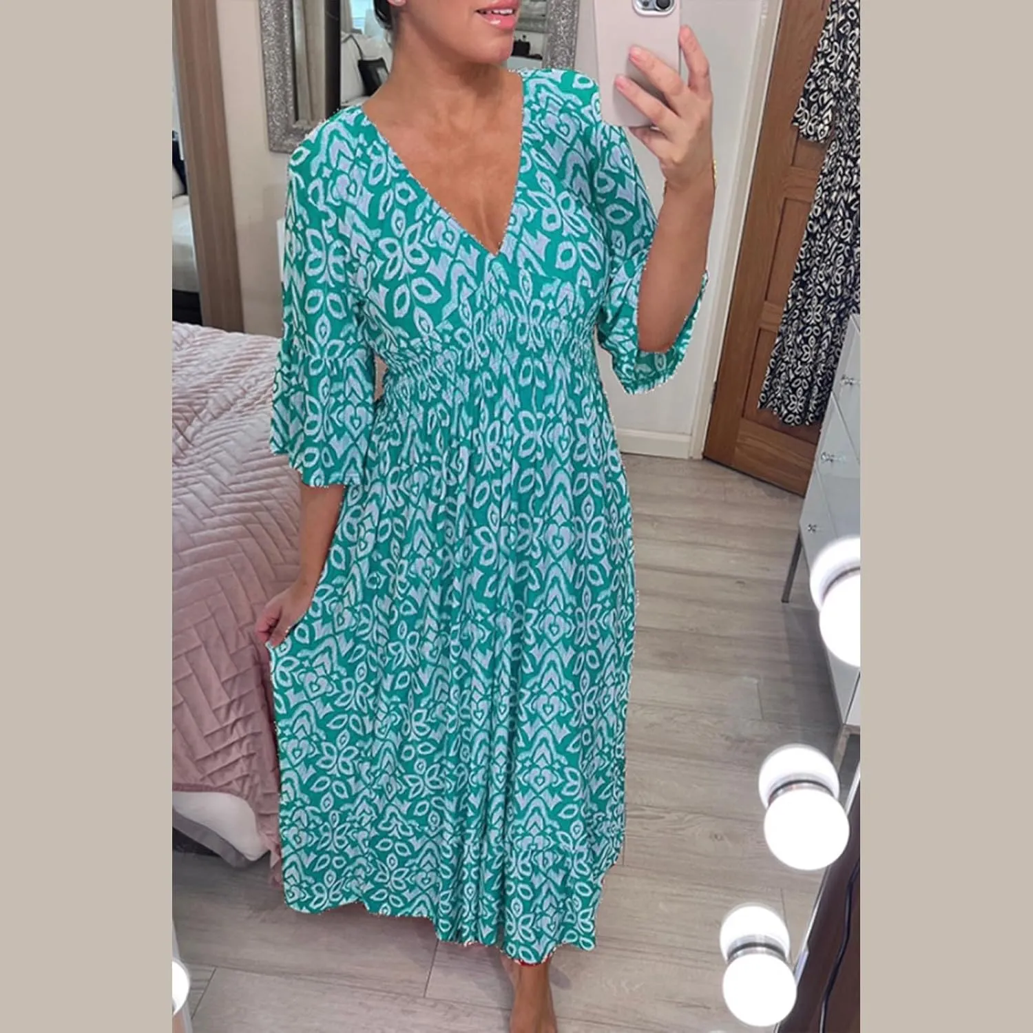 3/4 Sleeve Summer Dresses for Women 2024 Casual V Neck Floral Bohemian Wrap Flowy Midi Boho Dress Beach Dress