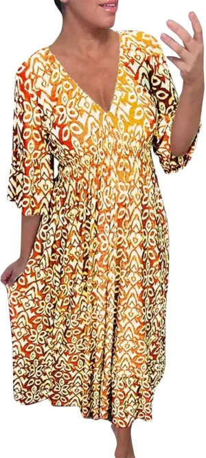 3/4 Sleeve Summer Dresses for Women 2024 Casual V Neck Floral Bohemian Wrap Flowy Midi Boho Dress Beach Dress