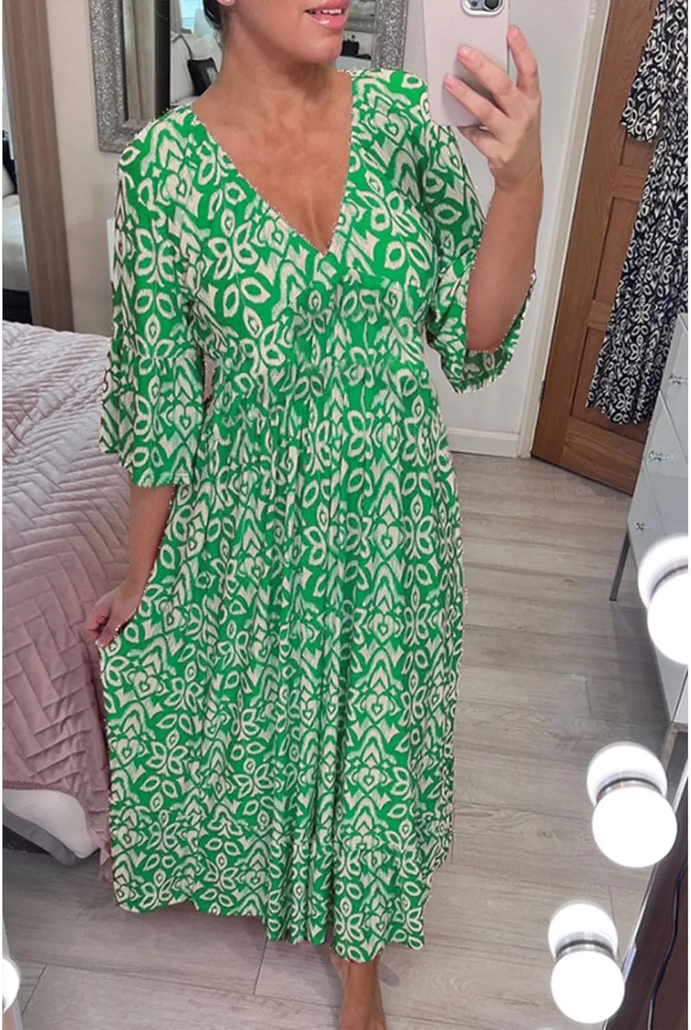 3/4 Sleeve Summer Dresses for Women 2024 Casual V Neck Floral Bohemian Wrap Flowy Midi Boho Dress Beach Dress