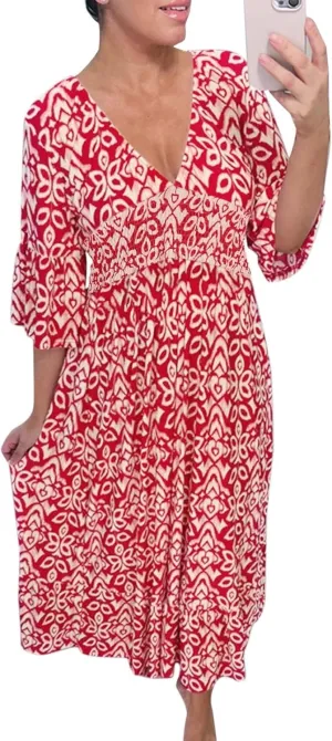 3/4 Sleeve Summer Dresses for Women 2024 Casual V Neck Floral Bohemian Wrap Flowy Midi Boho Dress Beach Dress
