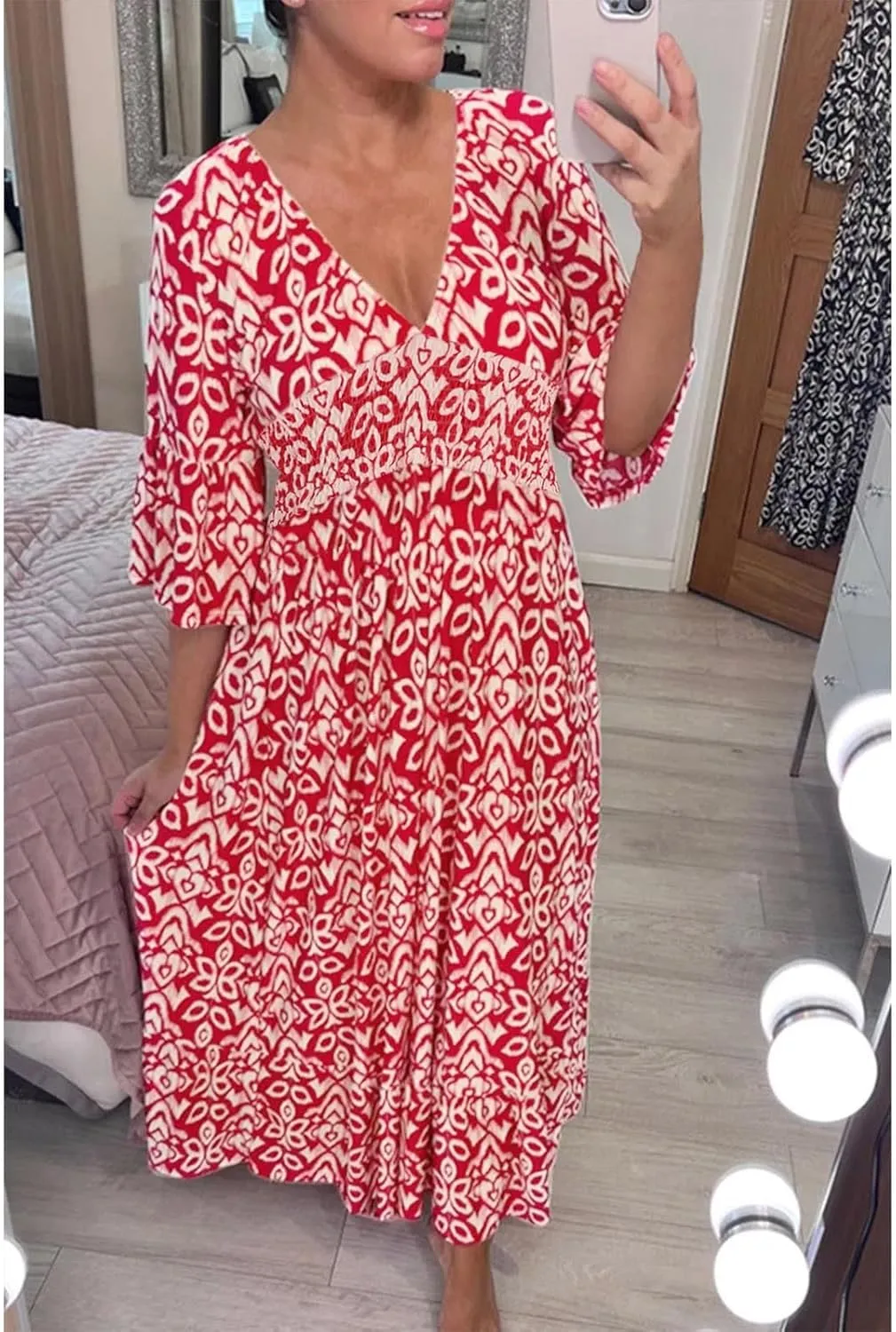 3/4 Sleeve Summer Dresses for Women 2024 Casual V Neck Floral Bohemian Wrap Flowy Midi Boho Dress Beach Dress