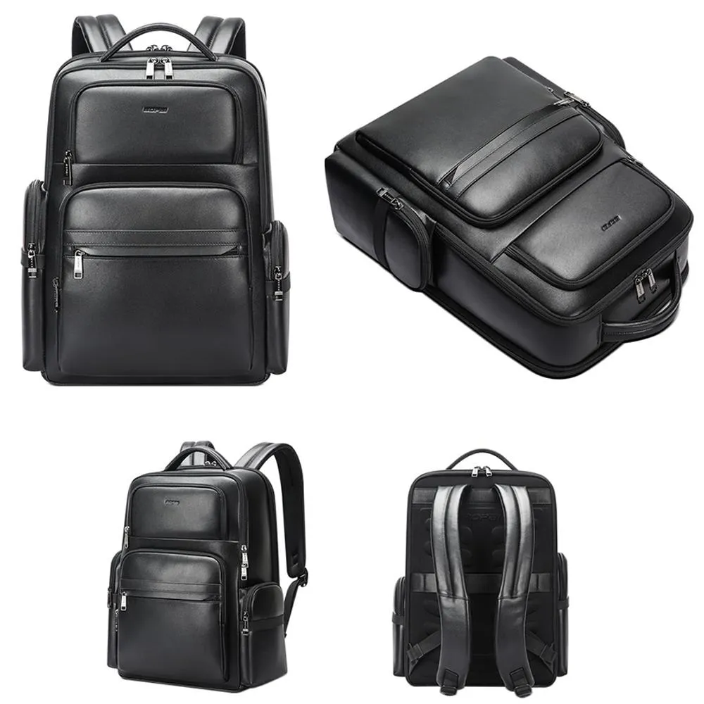 61-98611 Large-capacity Waterproof First-layer Cowhide Laptop Backpack with Usb & Type-c Port Black