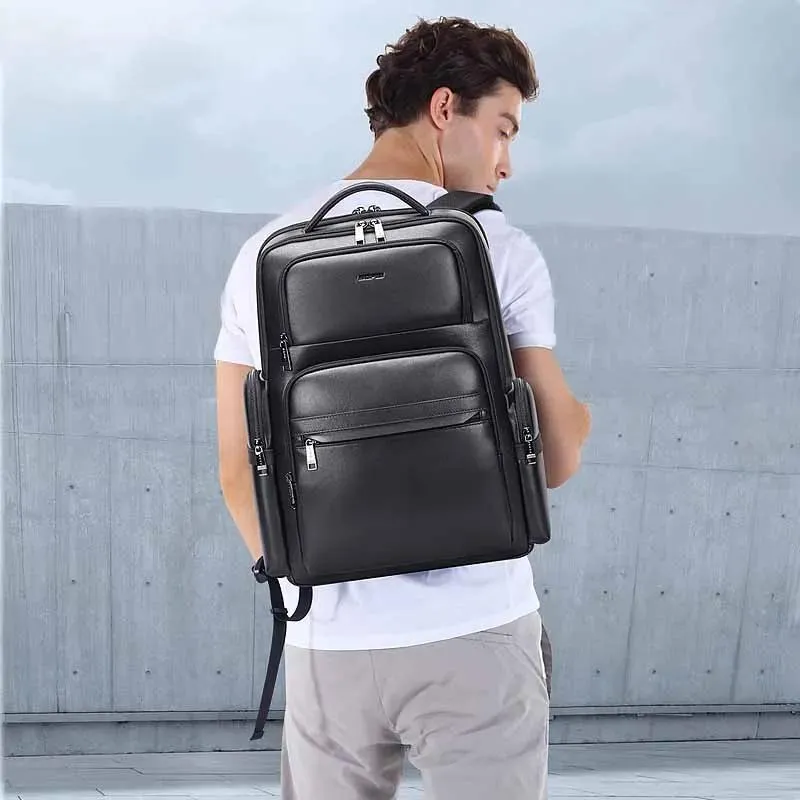 61-98611 Large-capacity Waterproof First-layer Cowhide Laptop Backpack with Usb & Type-c Port Black