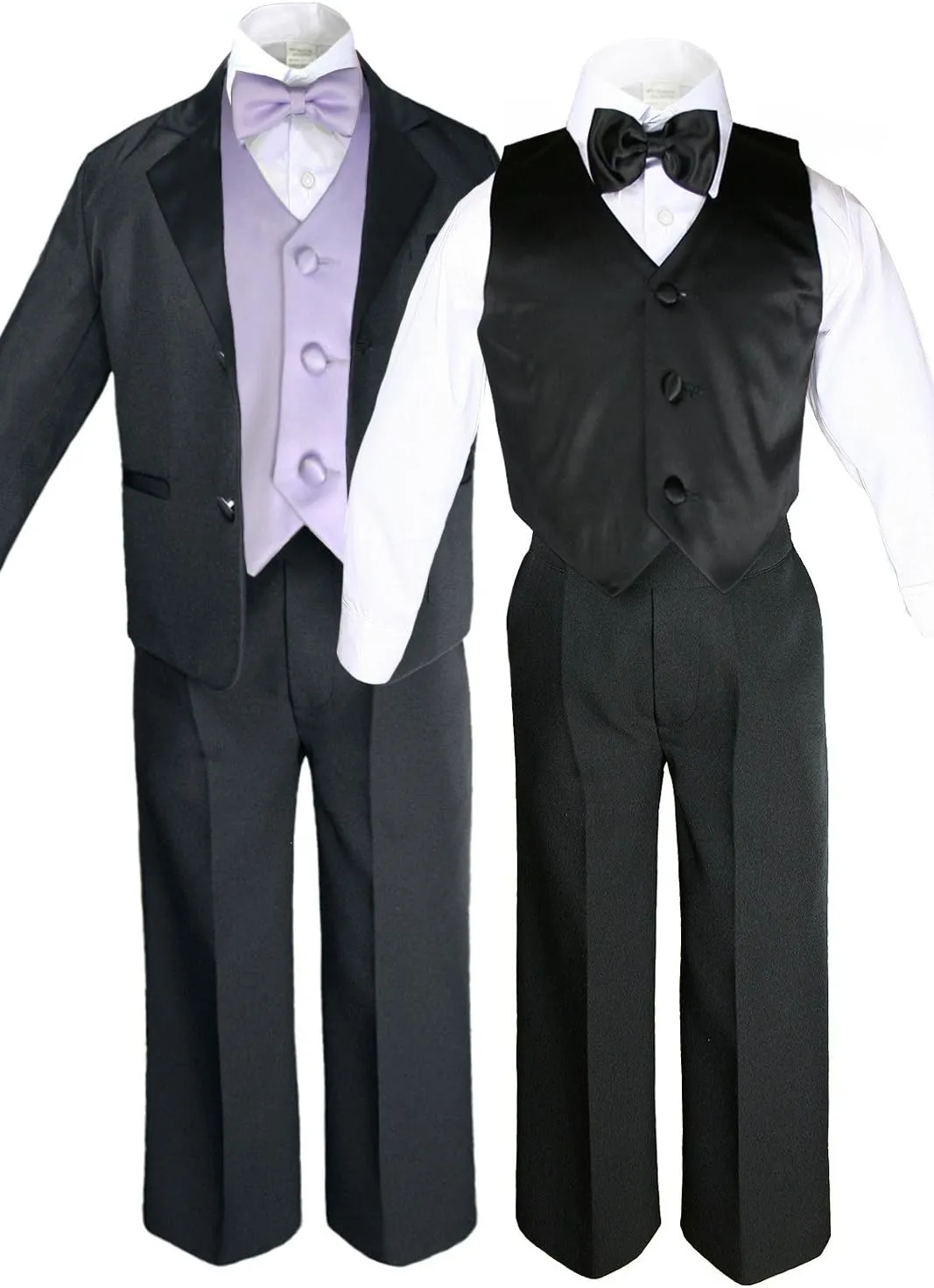 7pcs Boys Black Suits Tuxedo with Satin Lilac Bow Tie Vest Set (S-20)