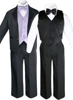 7pcs Boys Black Suits Tuxedo with Satin Lilac Bow Tie Vest Set (S-20)