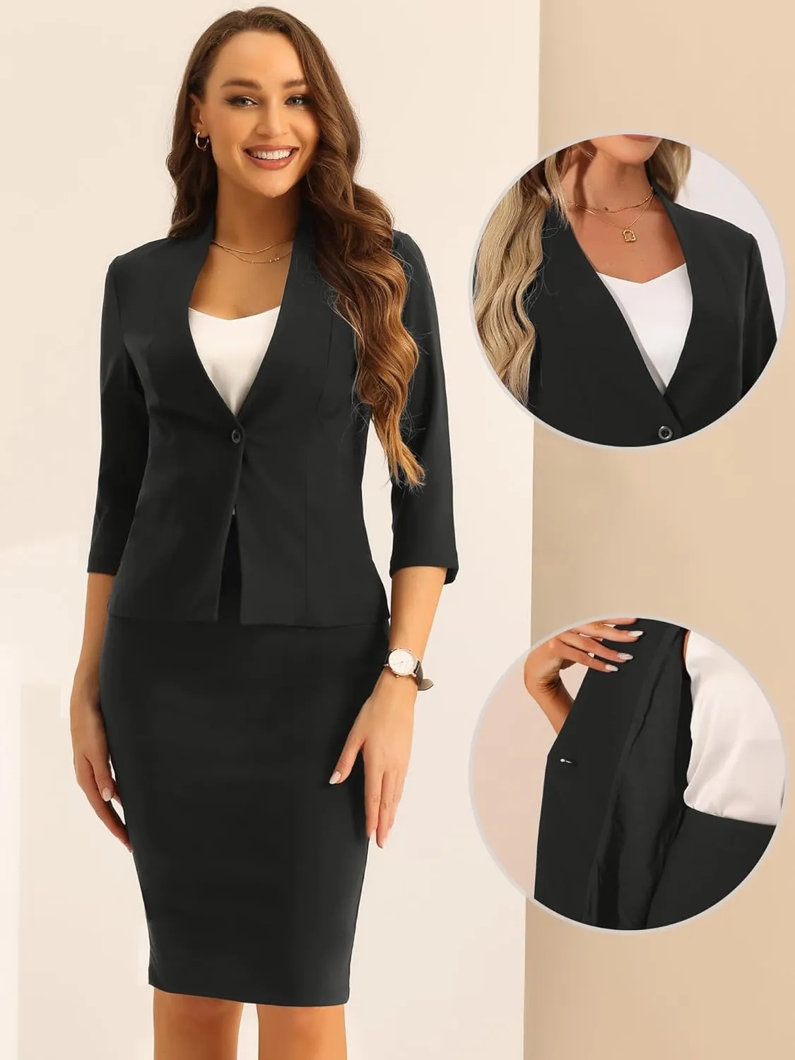 Allegra K Business Skirt Suit Set for Women's 2 Piece Office Work Outfit Collarless Blazer Pencil Skirt