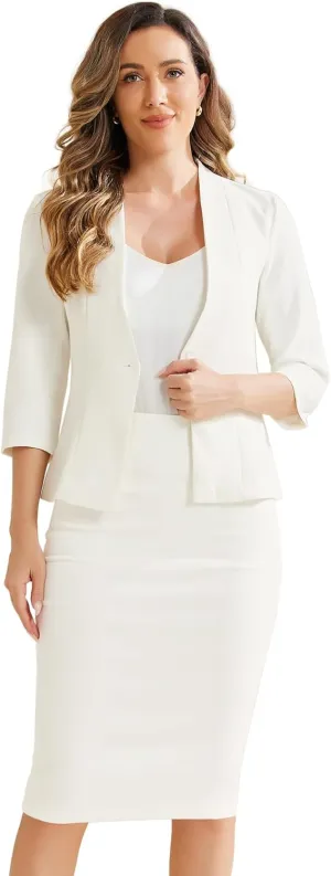 Allegra K Business Skirt Suit Set for Women's 2 Piece Office Work Outfit Collarless Blazer Pencil Skirt