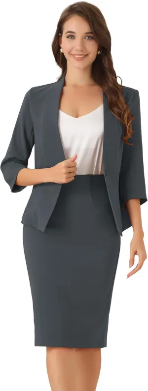 Allegra K Business Skirt Suit Set for Women's 2 Piece Office Work Outfit Collarless Blazer Pencil Skirt