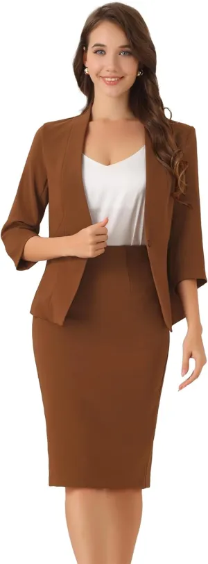 Allegra K Business Skirt Suit Set for Women's 2 Piece Office Work Outfit Collarless Blazer Pencil Skirt