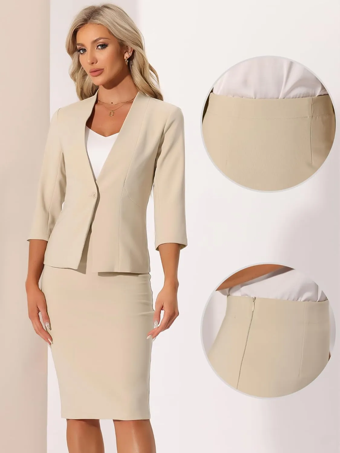 Allegra K Business Skirt Suit Set for Women's 2 Piece Office Work Outfit Collarless Blazer Pencil Skirt