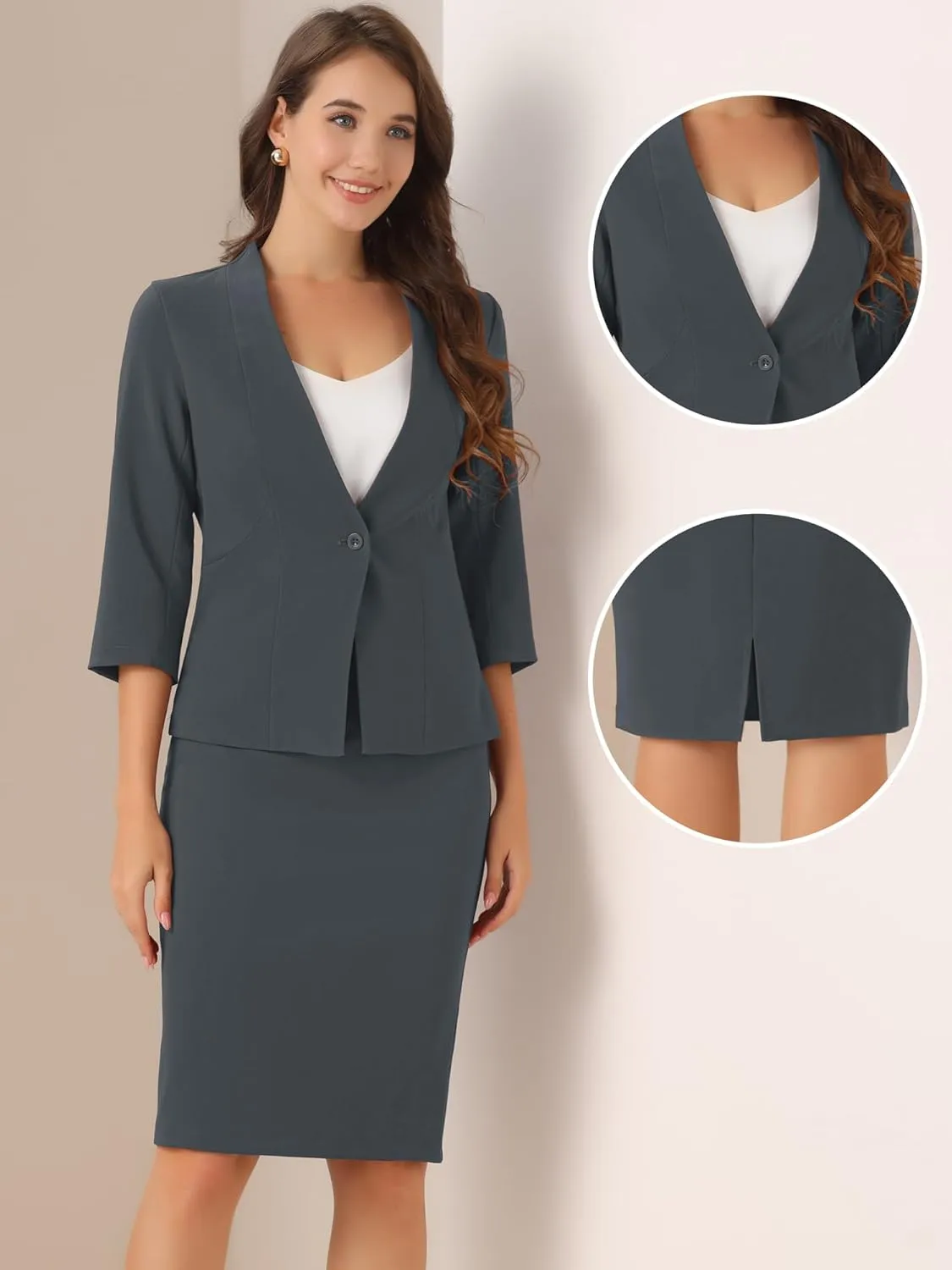 Allegra K Business Skirt Suit Set for Women's 2 Piece Office Work Outfit Collarless Blazer Pencil Skirt