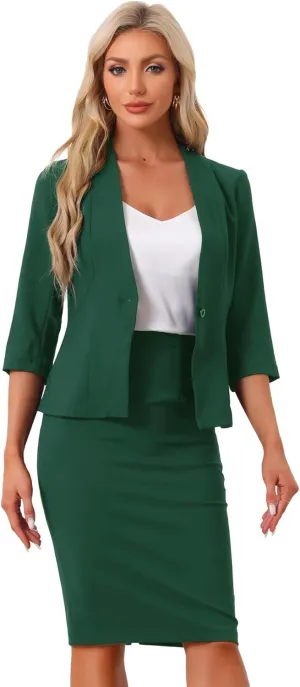 Allegra K Business Skirt Suit Set for Women's 2 Piece Office Work Outfit Collarless Blazer Pencil Skirt