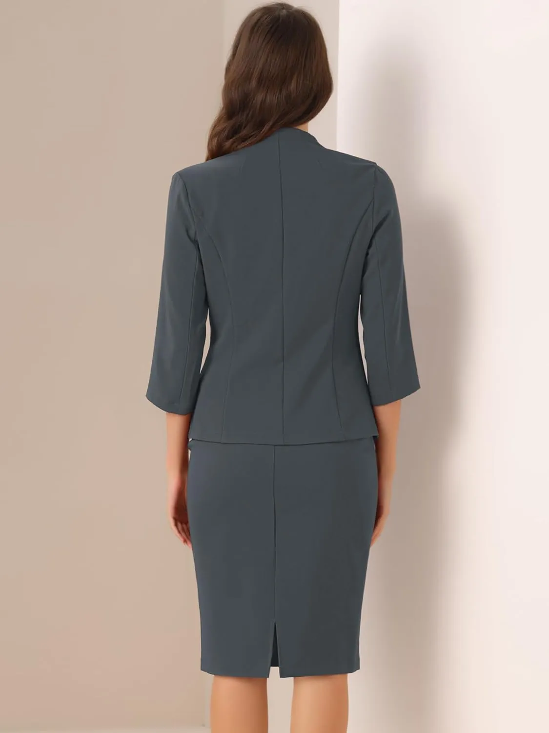 Allegra K Business Skirt Suit Set for Women's 2 Piece Office Work Outfit Collarless Blazer Pencil Skirt