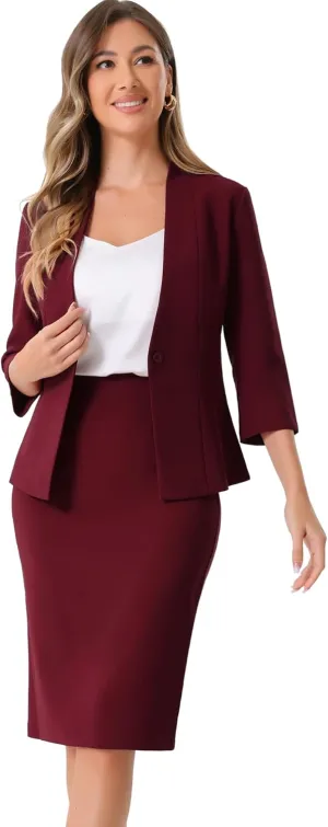 Allegra K Business Skirt Suit Set for Women's 2 Piece Office Work Outfit Collarless Blazer Pencil Skirt
