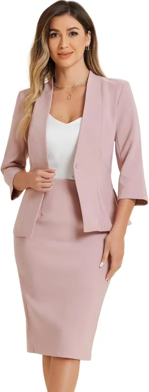 Allegra K Business Skirt Suit Set for Women's 2 Piece Office Work Outfit Collarless Blazer Pencil Skirt
