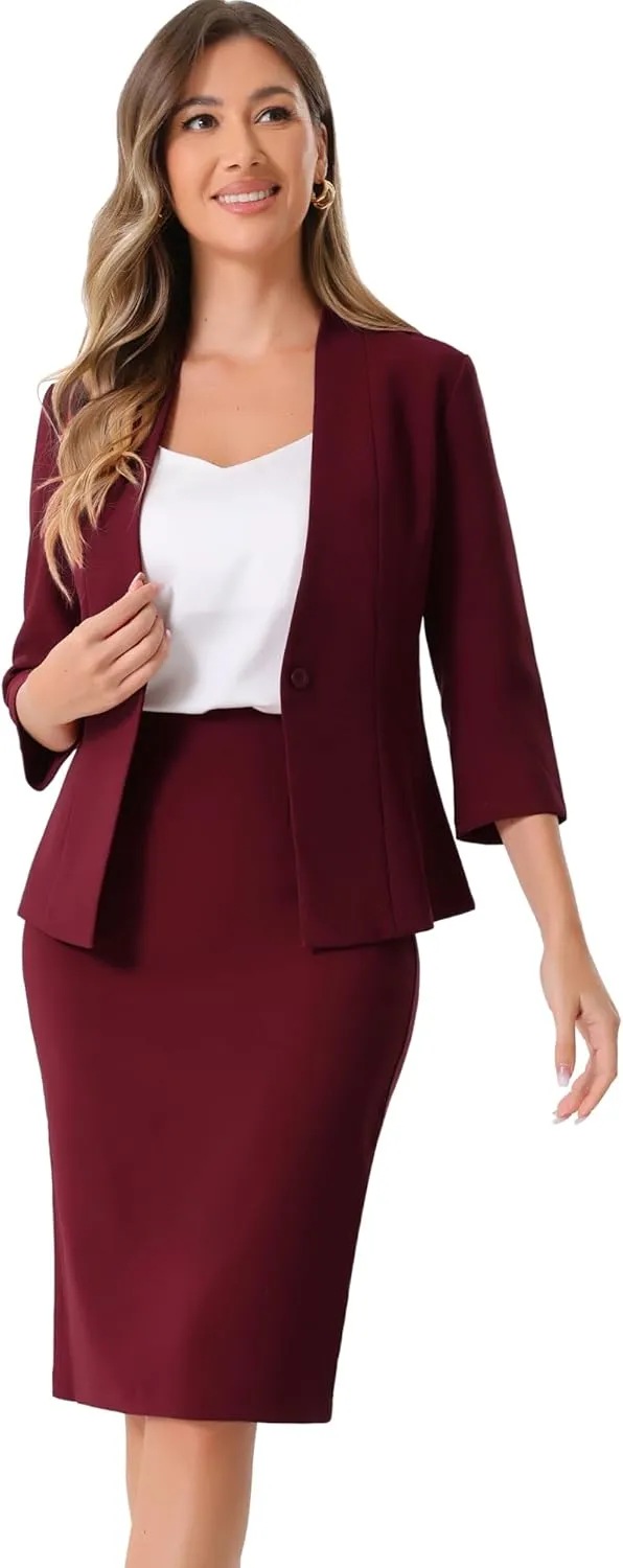 Allegra K Business Skirt Suit Set for Women's 2 Piece Office Work Outfit Collarless Blazer Pencil Skirt