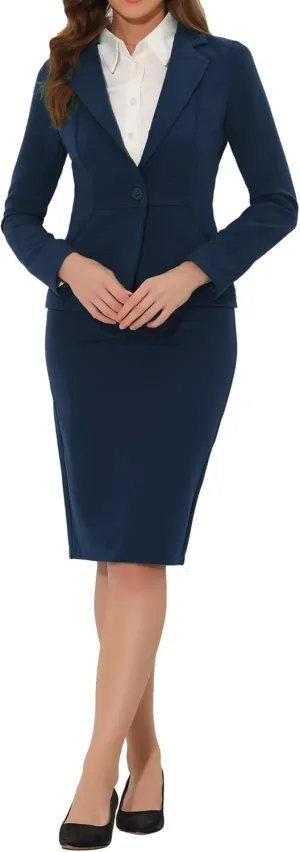 Allegra K Women's 2 Piece Suit Skirt Set Business Casual Long Sleeve Blazer and Pencil Skirt