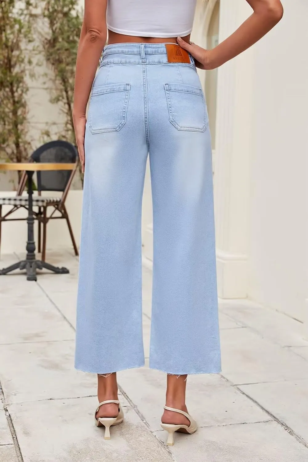 Allimy Womens High Rise Two Button Closure Cropped Jeans Wide Leg Front Slip Pockets Frayed Hem Denim Pant