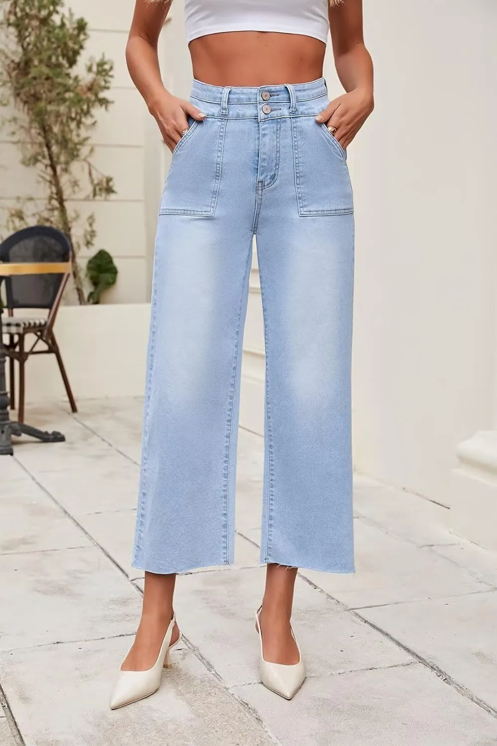 Allimy Womens High Rise Two Button Closure Cropped Jeans Wide Leg Front Slip Pockets Frayed Hem Denim Pant