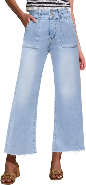 Allimy Womens High Rise Two Button Closure Cropped Jeans Wide Leg Front Slip Pockets Frayed Hem Denim Pant