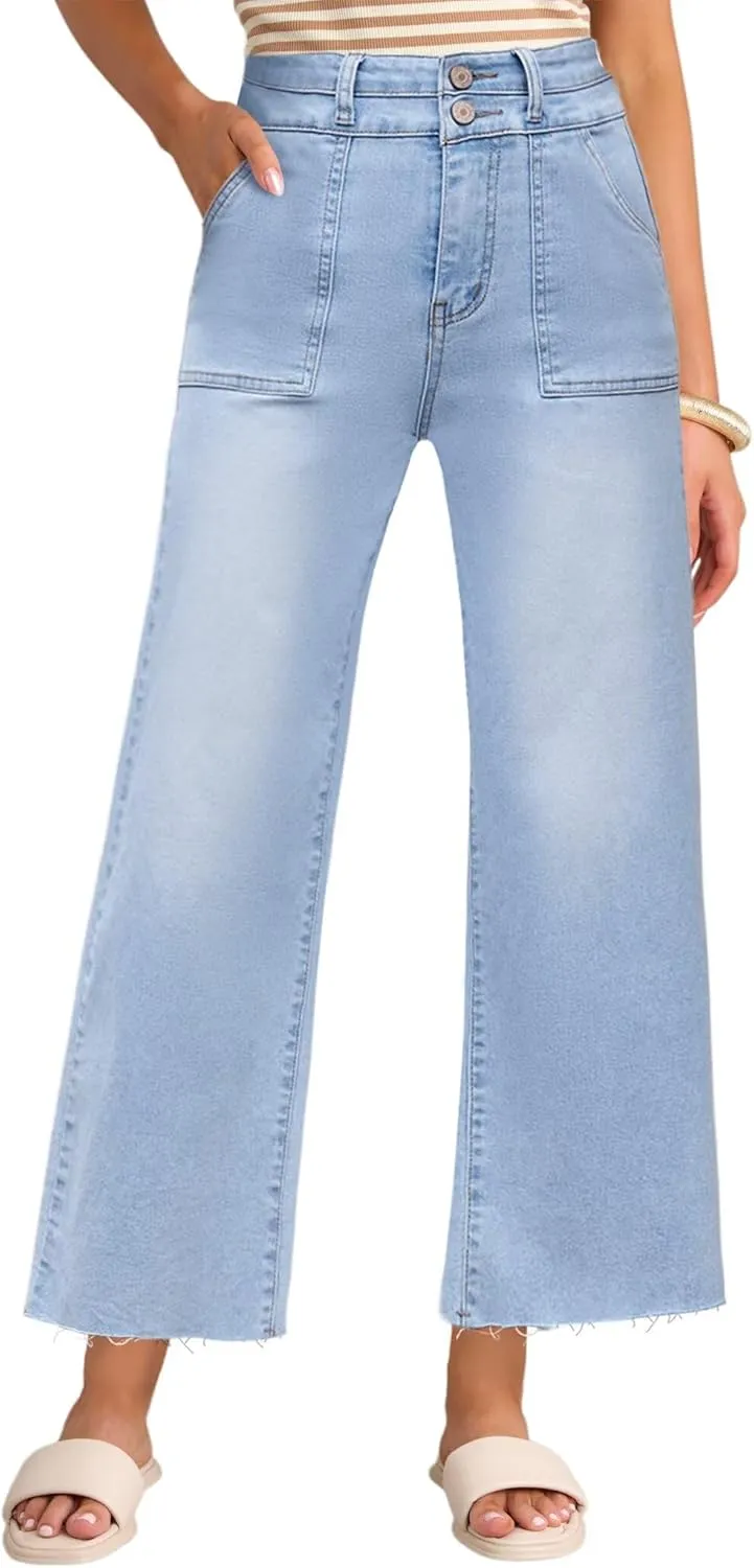 Allimy Womens High Rise Two Button Closure Cropped Jeans Wide Leg Front Slip Pockets Frayed Hem Denim Pant