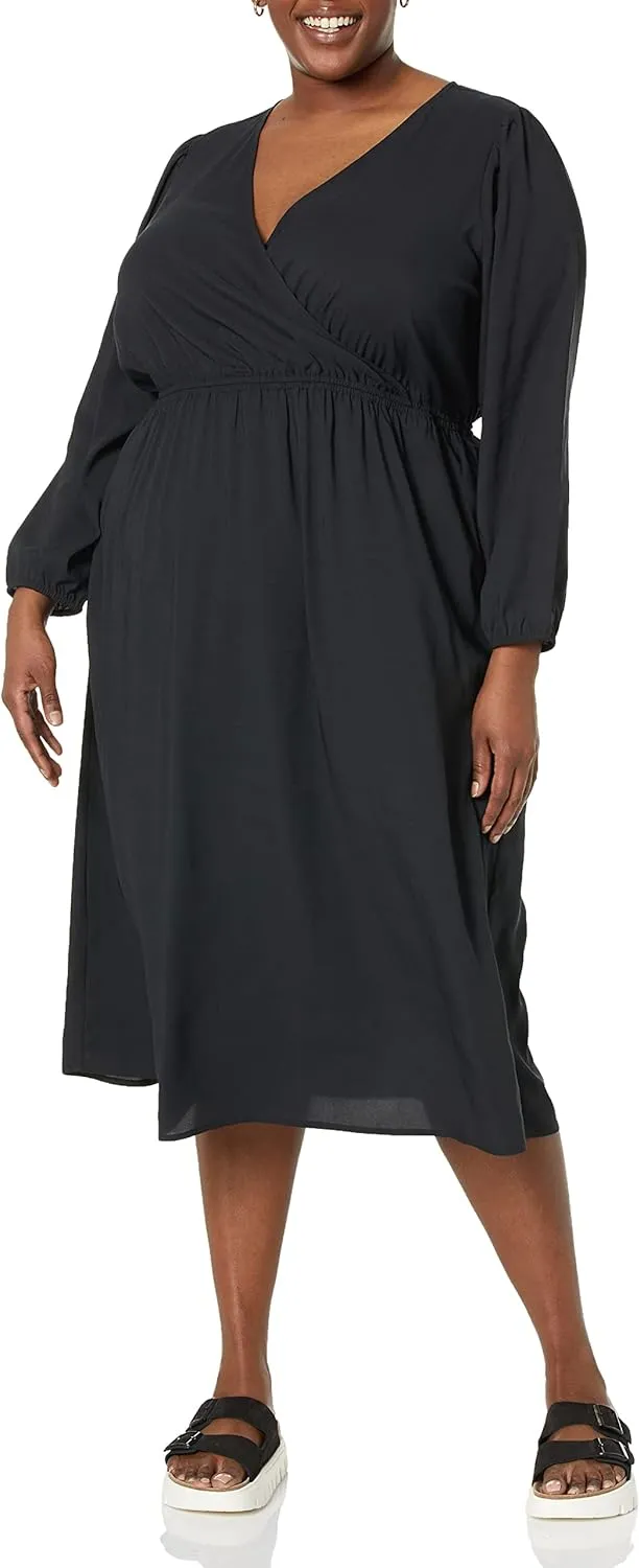 Amazon Essentials Women's Lightweight Georgette Long Sleeve V-Neck Midi Dress (Available in Plus Size)
