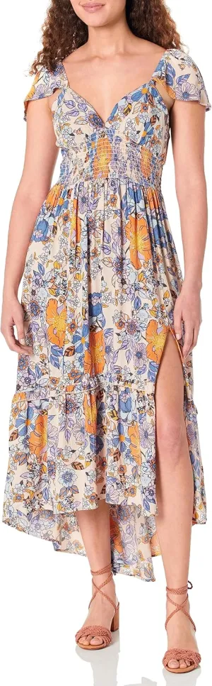 Angie Women's Flutter Sleeve Lace Up Back Hi-lo Maxi Dress with Slit