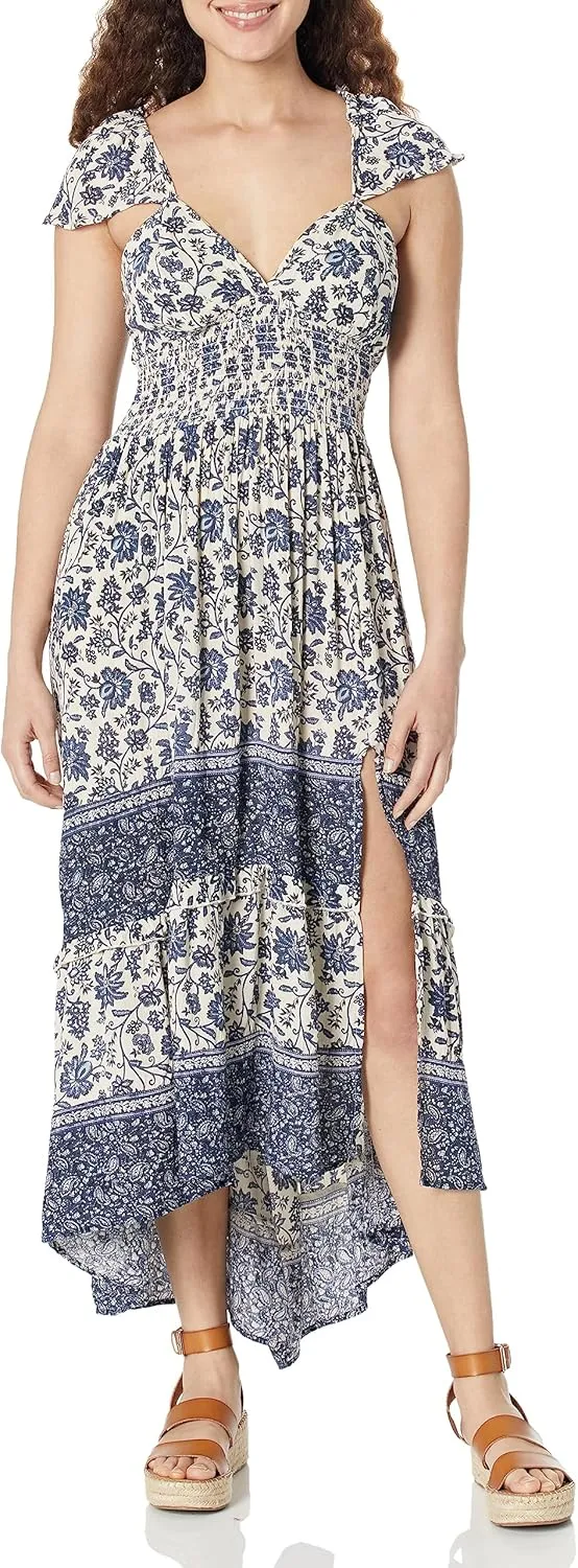 Angie Women's Flutter Sleeve Lace Up Back Hi-lo Maxi Dress with Slit