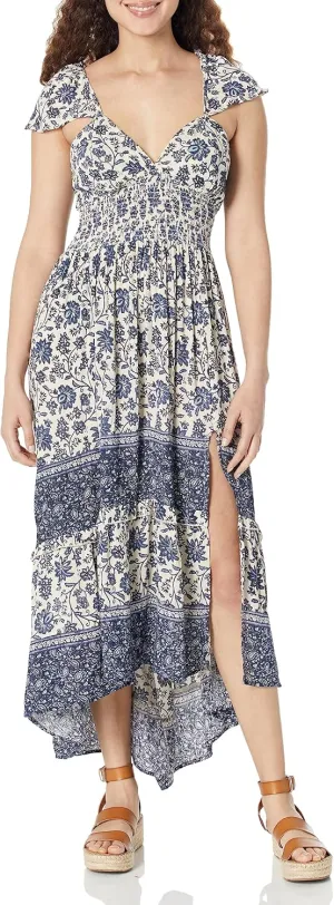 Angie Women's Flutter Sleeve Lace Up Back Hi-lo Maxi Dress with Slit