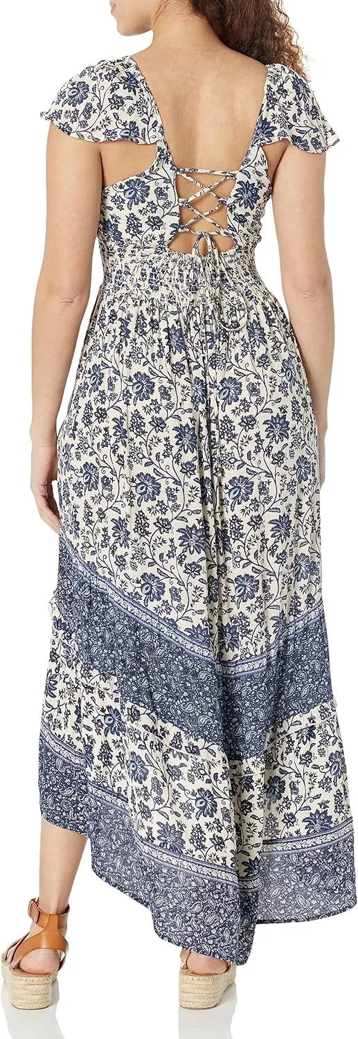 Angie Women's Flutter Sleeve Lace Up Back Hi-lo Maxi Dress with Slit