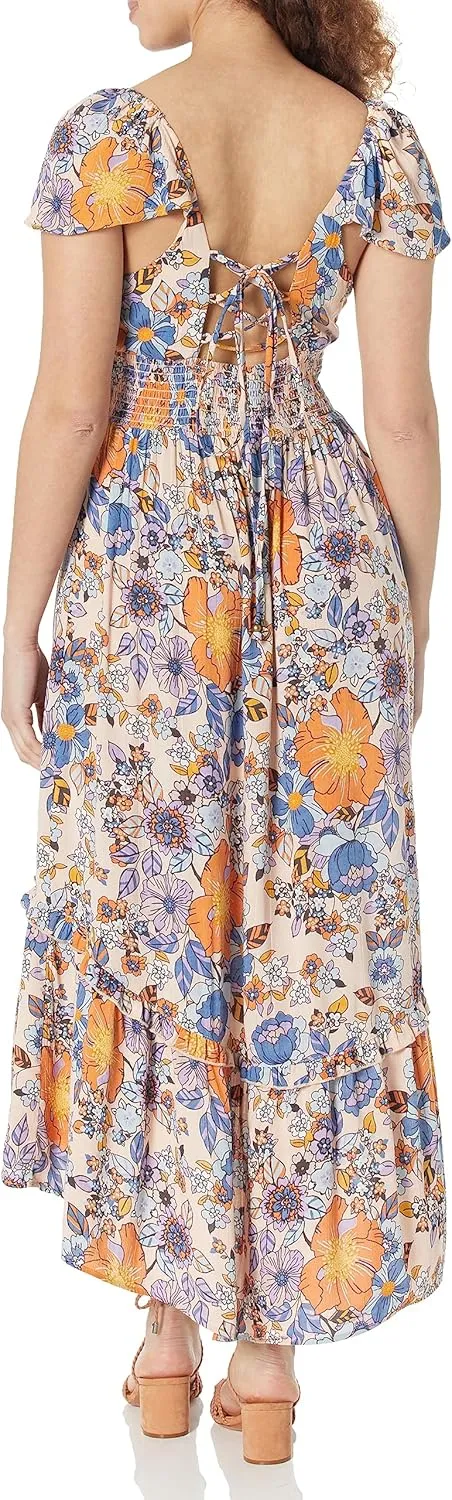 Angie Women's Flutter Sleeve Lace Up Back Hi-lo Maxi Dress with Slit