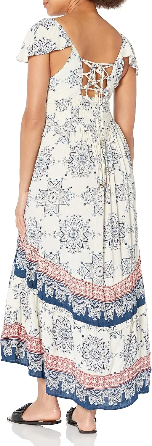 Angie Women's Flutter Sleeve Lace Up Back Hi-lo Maxi Dress with Slit
