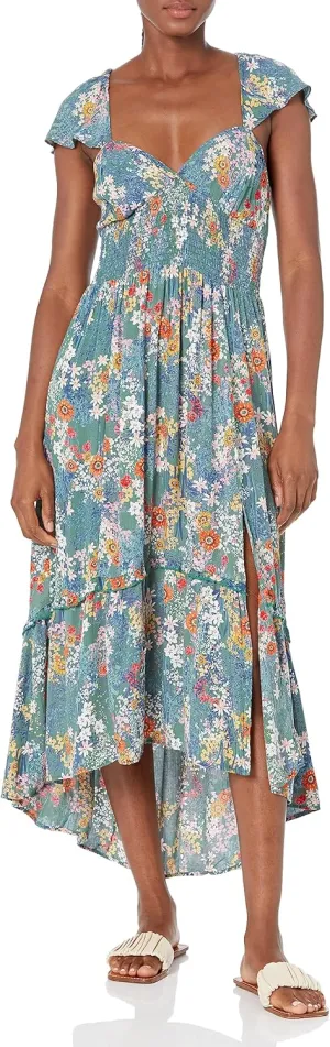 Angie Women's Flutter Sleeve Lace Up Back Hi-lo Maxi Dress with Slit