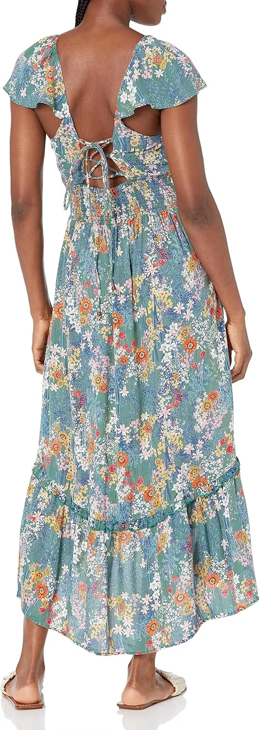 Angie Women's Flutter Sleeve Lace Up Back Hi-lo Maxi Dress with Slit