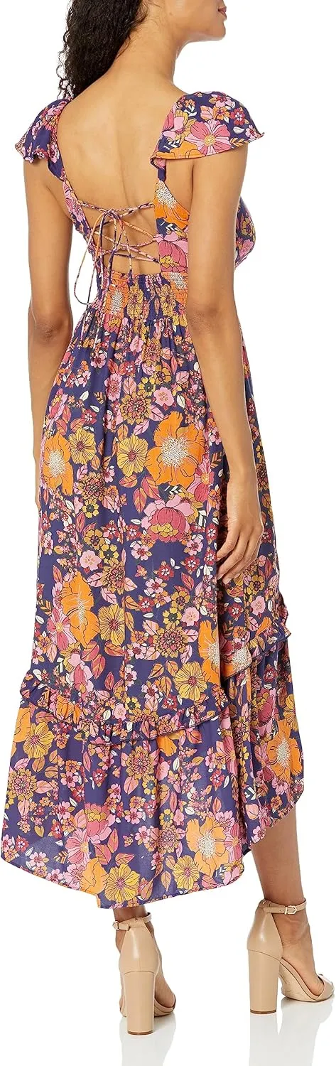 Angie Women's Flutter Sleeve Lace Up Back Hi-lo Maxi Dress with Slit