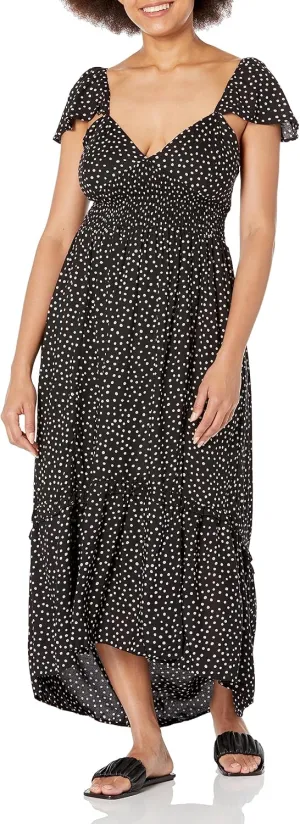 Angie Women's Flutter Sleeve Lace Up Back Hi-lo Maxi Dress with Slit