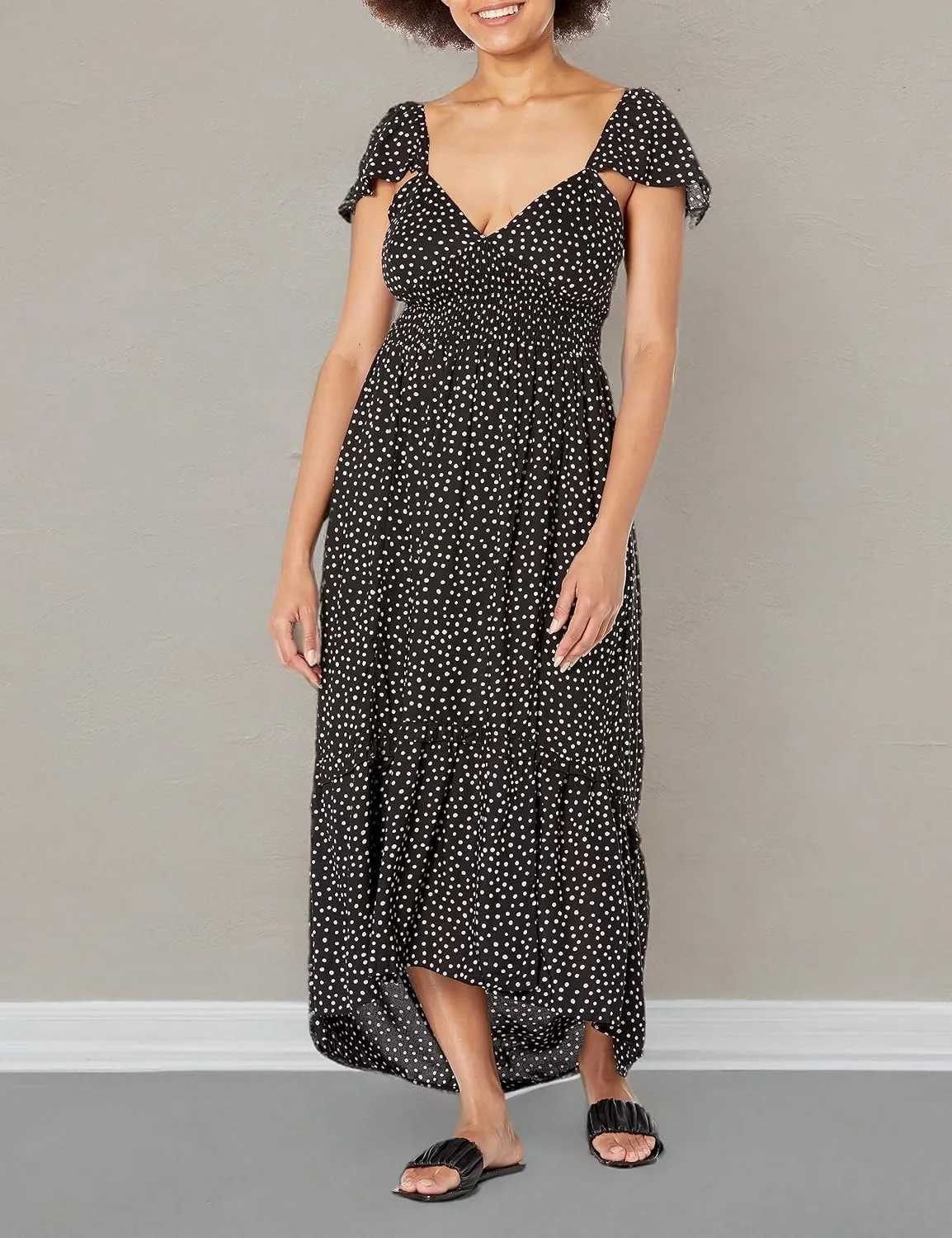 Angie Women's Flutter Sleeve Lace Up Back Hi-lo Maxi Dress with Slit