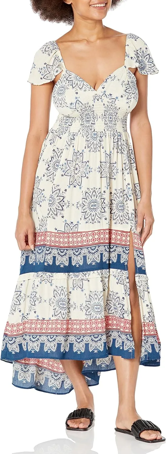 Angie Women's Flutter Sleeve Lace Up Back Hi-lo Maxi Dress with Slit