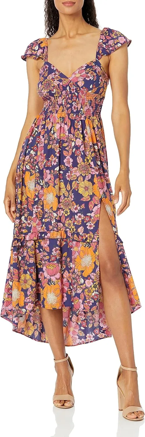 Angie Women's Flutter Sleeve Lace Up Back Hi-lo Maxi Dress with Slit