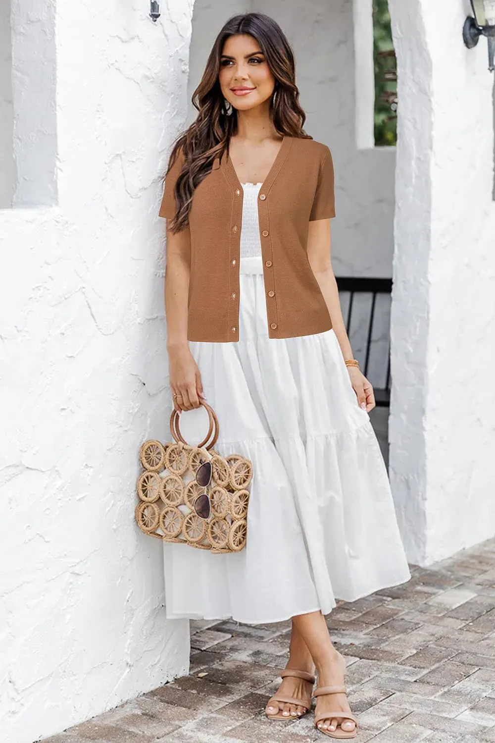 Arach&Cloz Womens Wool Blended Cropped Cardigan Sweater 2025 Short Sleeve Shrug Business Casual Outfits Lightweight Top