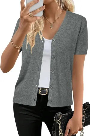 Arach&Cloz Womens Wool Blended Cropped Cardigan Sweater 2025 Short Sleeve Shrug Business Casual Outfits Lightweight Top