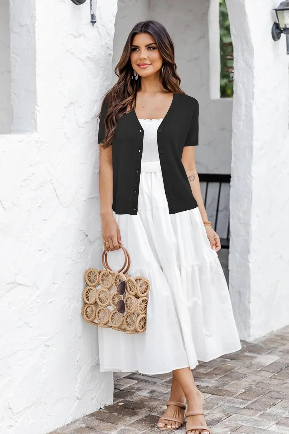 Arach&Cloz Womens Wool Blended Cropped Cardigan Sweater 2025 Short Sleeve Shrug Business Casual Outfits Lightweight Top