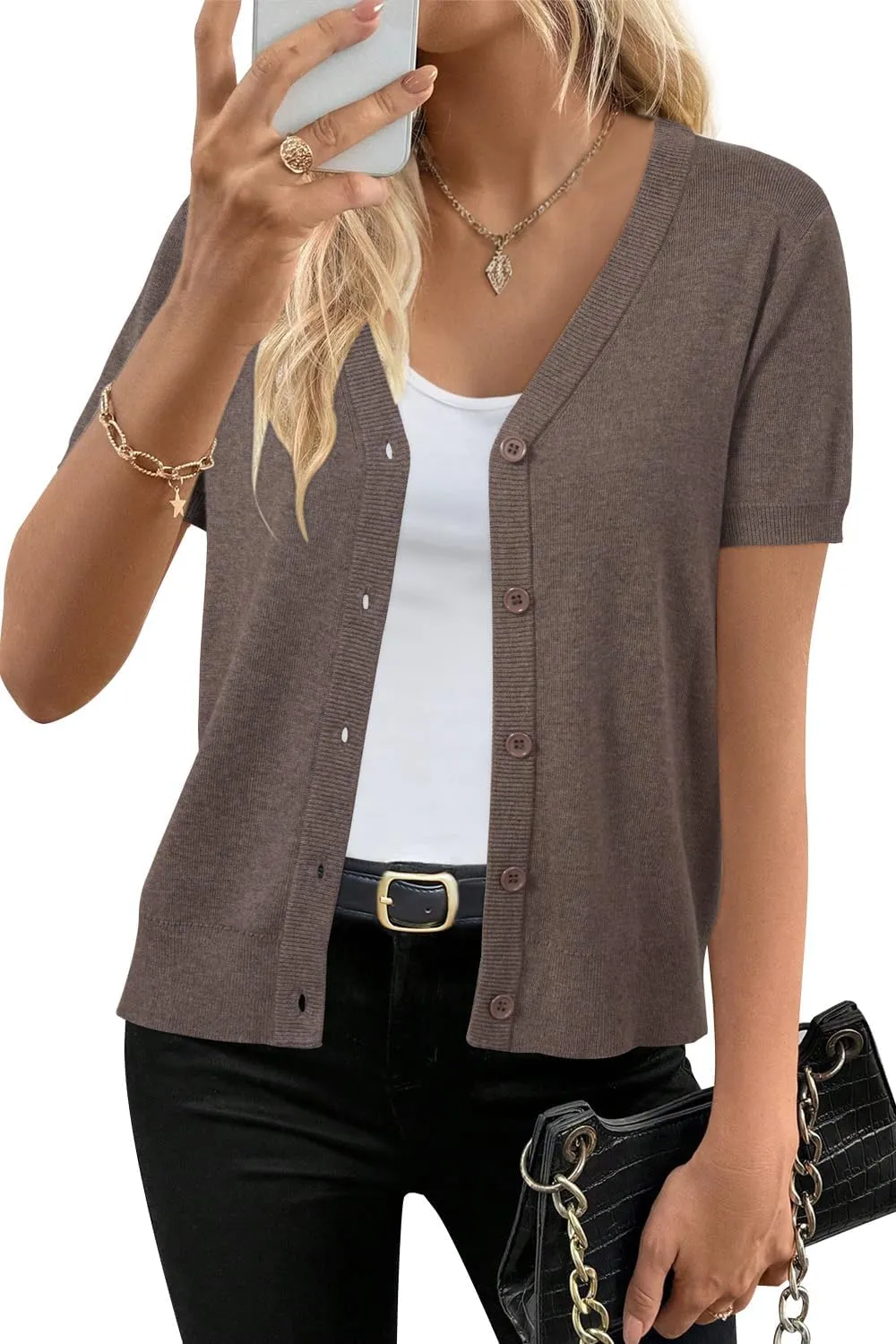 Arach&Cloz Womens Wool Blended Cropped Cardigan Sweater 2025 Short Sleeve Shrug Business Casual Outfits Lightweight Top