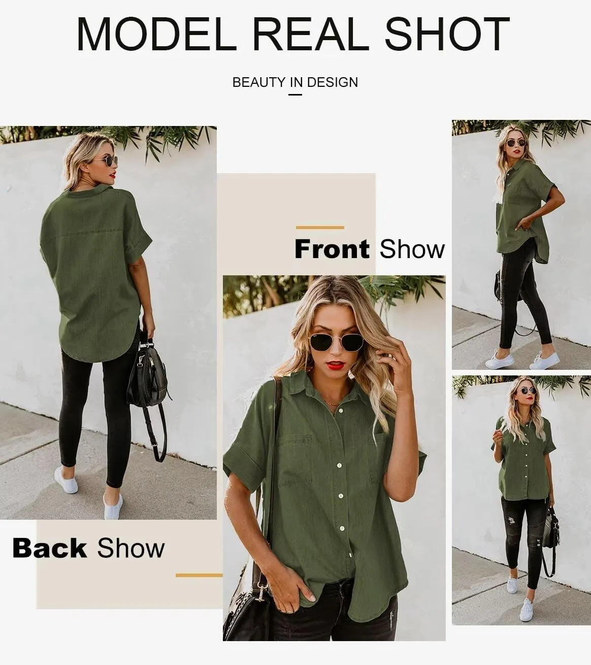 Astylish Womens Button Down Shirts V Neck Loose Casual Shirt